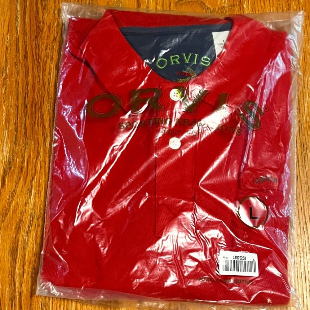 Orvis Men's Size L 100% Cotton L/S Qtr Button Polo. Red